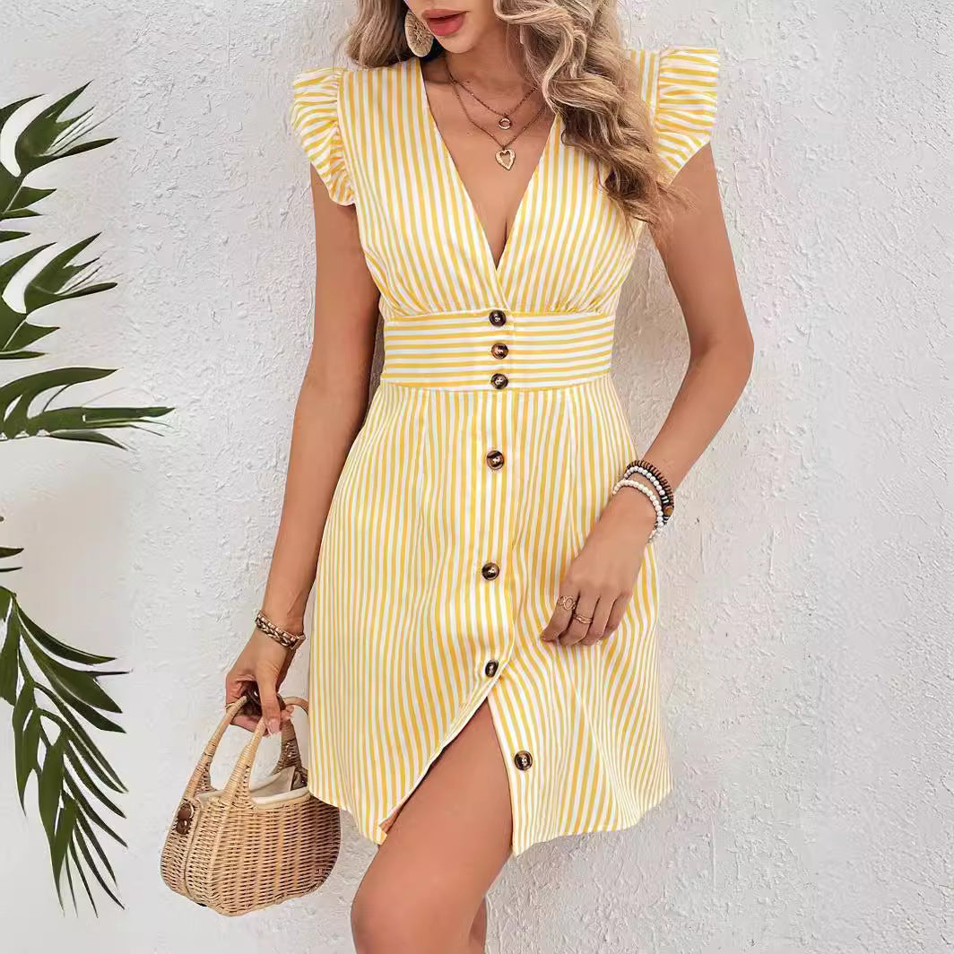 Women's Shirt Dress - V-Neck Style with Fly Sleeves and Striped Splicing – Elegant Beach Style